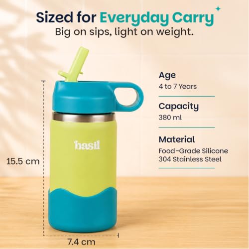 Image of Basil HydraPop Stainless Steel Insulated Kids Water Bottle for School, 380ml Leakproof Sipper Bottle with Straw, Double Wall Vacuum Thermosteel Bottle for School, Sports, Travel & Outdoor Use | Lagoon