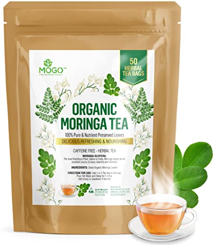 Mogo Organic Moringa Tea Bags - 50 Count,100% Pure,Premium Moringa Tea Leaves, Great Tasting Antioxidants Rich Herbal Tea #TOP3