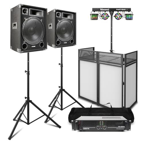 MAX15 2000W Passive DJ Speaker System with Booth, Party Lighting, Tripod Stands & Amplifier – Complete Mobile DJ Setup for Events, Clubs & PA – All-in-One DJ Gear Package