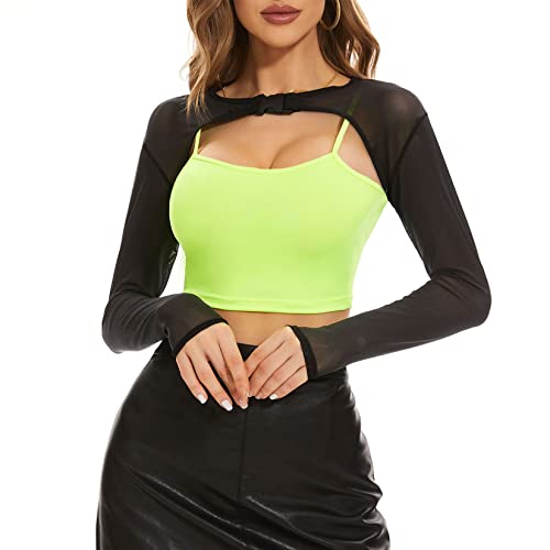 Century Star Mesh Crop Tops for Women See Through Shrug Long Sleeve Open Front Fishnet Cover Up Sexy Rave Outfits Sheer