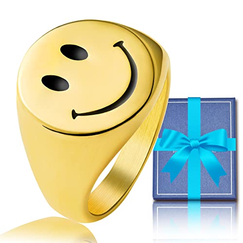LAOYOU Smiley Face Ring Happy Face Rings for Women Men, 2pcs Gold and Silver Stainless Steel Good Luck Chunky Dainty Statement Signet Jewelry Gift Size 9