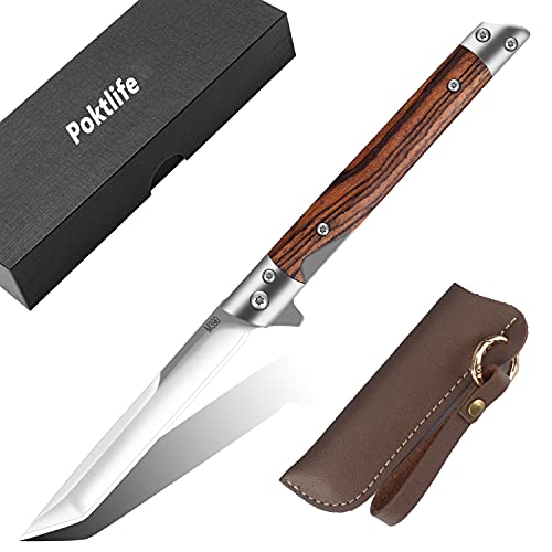 Poktlife Couteau Pliant,Couteaux de Survie,Outdoor Couteau,Couteau de Chasse,Couteau de Poche Pliant avec poignée en Bois et Lame en Acier Inoxydable,Parfait pour Camping et Randonnée (Brun clair) Cover