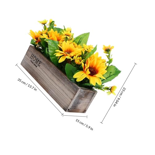 Tournesol artificiel en pot bois rectangulaire pour centre de table
