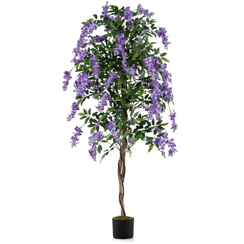 Goplus 6FT Ficus Artificial Tree, Faux Wisteria Tree in Nursery Pot with Purple Lifelike Flowers, Fake Potted Tree Greenery Floor Plant for Indoor Home Office Porch Living Room Decor
