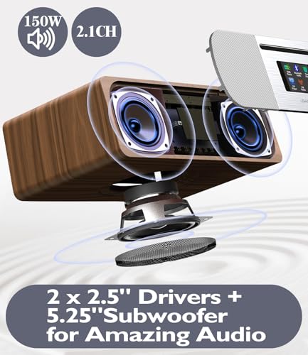 Image of LEMEGA M6P CD Player, FM, Bluetooth, Powerful HiFi, Subwoofer, Walnut | 2.8in colour display, 40 presets, remote control, wooden cabinet, headphone jack, internal subwoofer, EQ modes, remote