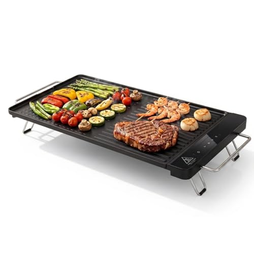 Image of GiantexUK Teppanyaki Grill, 1300W Electric Grilling Hot Plate with Removable Touch Panel & 2 Nonstick Cooking Zones, Temperature Adjustable Easy Clean BBQ Griddle for Indoor Outdoor