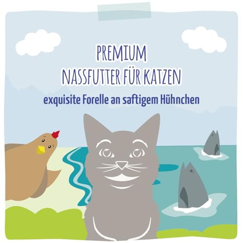 MjAMjAM - Premium Nassfutter für Katzen - exquisite Forelle an saftigem Hühnchen, 6er Pack (6x800g), getreidefrei