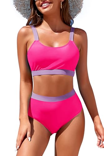 Image of Womens High Waisted Bikini Sets Sporty Crop Top Color Block Swimwear Bandeau Scoop Neck Vintage Two Piece Bathing Suits
