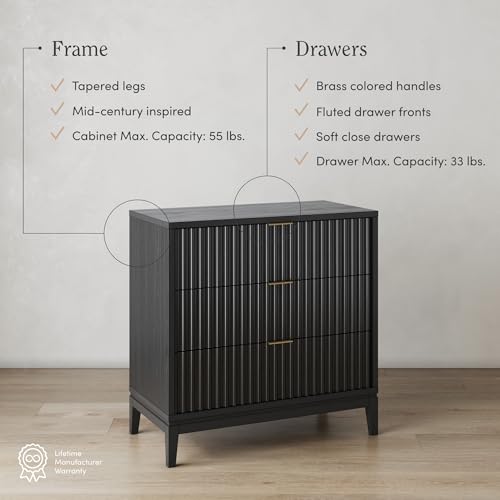 Image of Nathan James Jasper 3 Drawer, Bohemian Fluted, Solid Wood for Nursery, Small Dresser for Bedroom, Black Oak