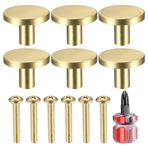 6-Pack of Brushed Brass Cabinet Knobs, 1.1 Inch Golden Knobs, Round Kitchen Cabinet Cupboard Closet Pulls Handles for Furniture Enhancement, Complete with Mini Screwdriver (0.78" x 1.1" -6Pcs)