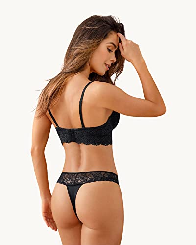 Push Up Laced Balconette Bras For Women With Contour Cups & Wide Underbust Band Black #TOP4