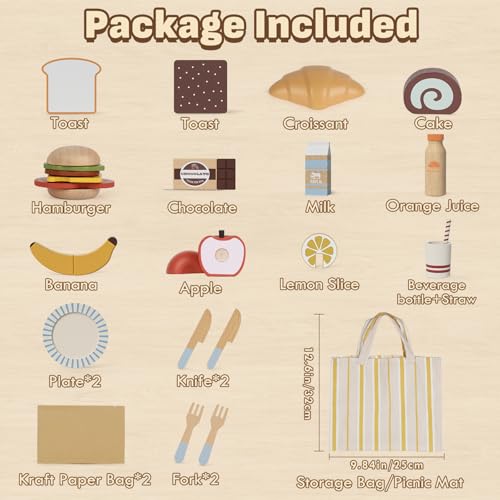 Lehoo Castle Children's Wooden Kitchen Accessories, Play Kitchen Accessories with Fruit Dessert, Toy from 3 Years, Picnic Toy with Velcro Connection, Wooden Toy, Boys and Girls Gifts 3 Years