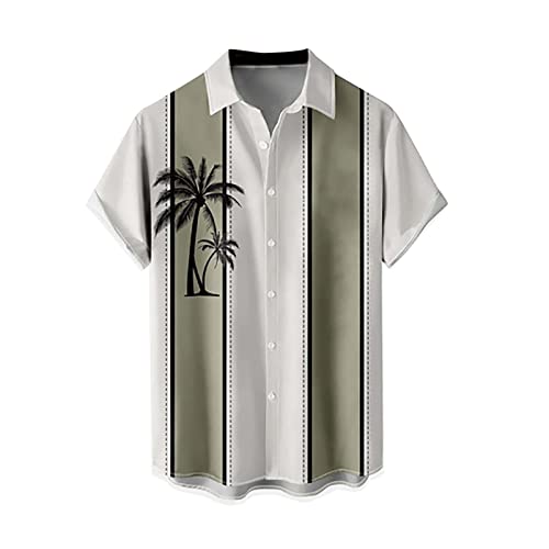 Mens Summer Hawaiian Shirts Button Down Casual Tropical Caribbean Short Sleeve Shirt Cuban Hawaiian Palm Tree Funny Trendy Vacation Graphic Bowling Shirt Beach Golf Cruise Vintage White