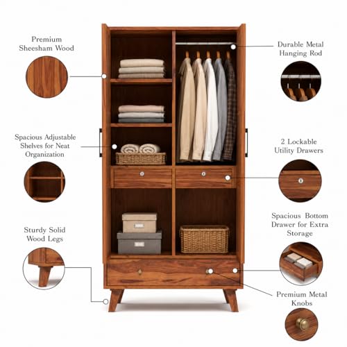 Image of PS DECOR Solid Sheesham Wood Wardrobe with Cane Rattan Doors | Modern Wooden Storage Almirah with Drawer | 2 Door Clothes Cabinet for Bedroom & Living Room (Honey Finish)