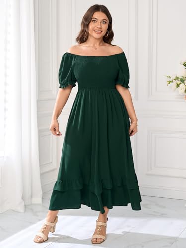Image of Women's Plus Size Dress Square Neck Short Sleeve Smocked Elastic Waist Tiered Ruffle Hem Maxi Dresses
