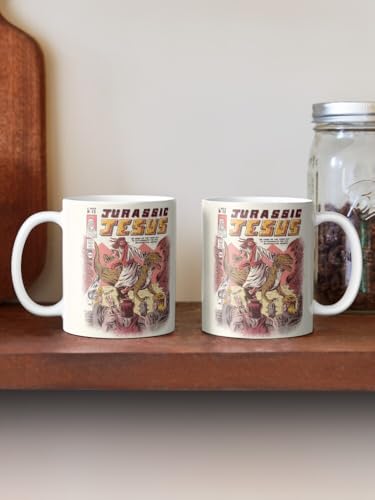 Image of Jurassic Jesus Printed Ceramic Mug 330ml - Funny Bold Design Coffee Cup - Microwave Safe Dishwasher Friendly - Novelty Gift Mug for Humor Lovers, Dino Fans, Religious Satire, Office Desk Use