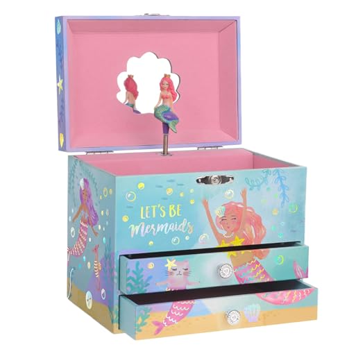 Jewelkeeper Joyero Musical Niña Grande con Sirena Arco Iris - Caja Musical con 2 Cajones Extraíbles - Joyero Decorativo para Guardar y Organizar Joyas, Pulseras y Collares