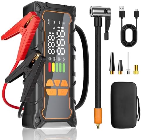 Battery Jumper Starter Portable, Jump Starter with Air Compressor-4000A 12V (7.0L Gas/ 6.0L Diesel) with 160PSI Tire Inflator, 10000mAh Jump Box Car Battery Jump Starter, Jumper Cables, LED Light