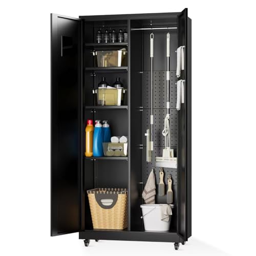 Metal Broom Closet, Garage Storage Cabinet, Tool Chest Bathroom Cabinet with Locking Doors and Wheels, 72" Tall Utility Cabinet with Hanging Rod, Freestanding Storage Cabinet for Cleaning Supplies