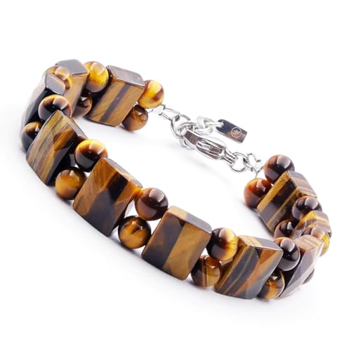HASKARE Protection Crystals Mens Tiger Eye Bracelet, Natural Stone Men Beads Bracelet with Durable Steel Wire Clasp Unique Men Jewelry Gift for Father