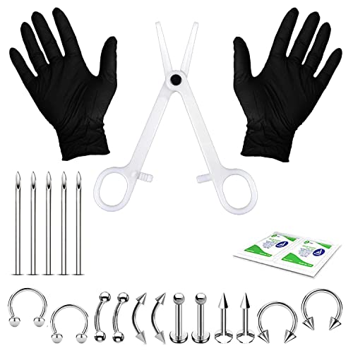 BodyJ4You 20PC Pro Piercing Kit BCR CBR Labret Tragus Nipple Nose Lip 16G Silvertone Body Jewelry
