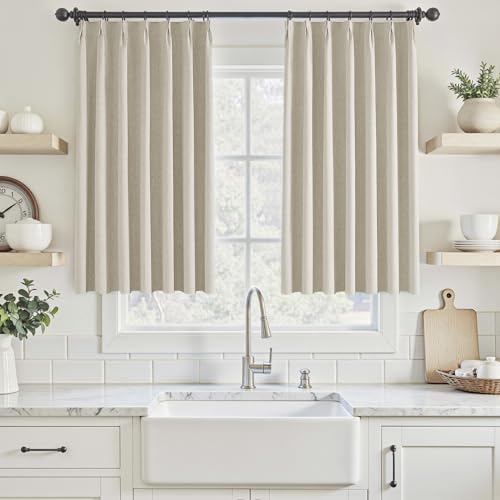 UHITECH 45 Inch Long Short Black Out Curtains for Bedroom Small Windows Pinch Pleated Blackout Curtains for Living Room Soundproof Natural Linen Darkening Drapes