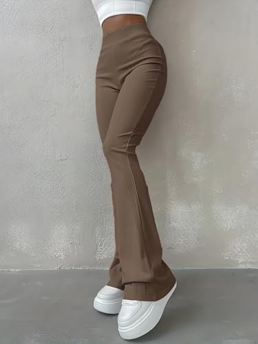 Image of Jawdrobe Women's High Waist Ribbed Flared Pants Stretchable Slim Fit Bootcut Trousers Soft Knit Casual Wear for Daily Office Travel (for Ideal Height 5.3)