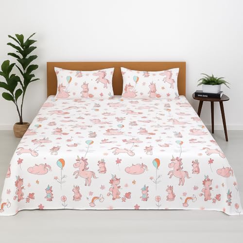 Image of Cottington Lane Microfiber Printed Bedsheet for King Bed with 2 Pillow Covers - Breathable, Soft, Wrinkle-Free, Skin Friendly - 102x108 Inches - Pink Unicorn