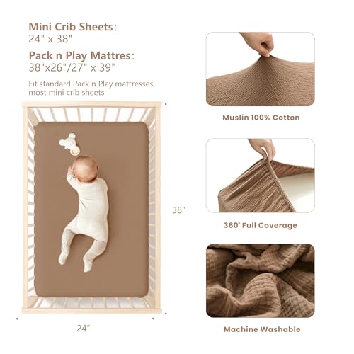 Image of Konssy Muslin Mini Crib Sheets, 100% Soft Cotton Pack and Play Sheets for Pack N Play Mattress, Playard Baby Crib Sheets for Baby Girls(Brown, Cream)