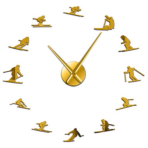 yuandd Deportes de Invierno al Aire Libre DIY Arte de Pared Grande Esquí Decoración para Sala de Estar Reloj de Pared sin Marco Reloj Colgante Esquiador de montaña Relojes Oro 37 Pulgadas(90cm)