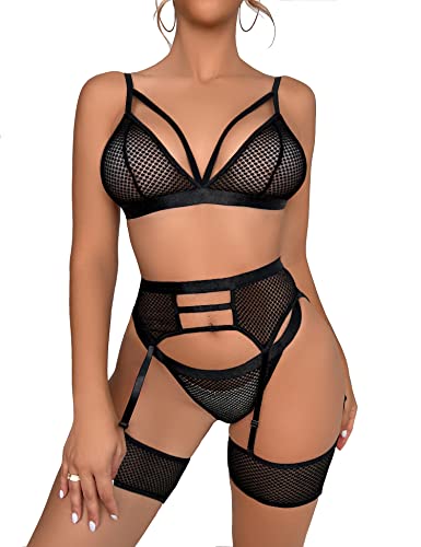 Conjunto de lencería exótica de 4 piezas para mujer, conjunto de lencería de liga con tirantes, conjunto de sujetador y bragas de malla, color negro Cover