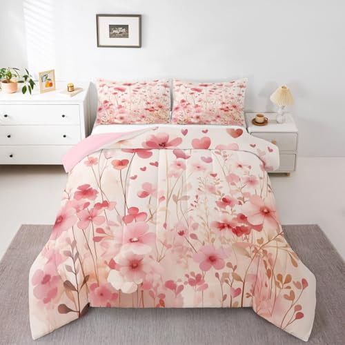 Image of Erosebridal Poppy Flowers King Comforter Set Pink Valentine Bedding Set for Kids Teens Romantic Love Heart Shaped Bed Set Spring Floral Quilt Duvet