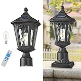 Luminzone LED Post Solar Light Outdoor, Dusk to Dawn Waterproof Pole Lighting with Remote Control, Exterior Pillar Lantern, 3 Lighting Modes Outside Solar Lamp for Patio Porch Garage Garden Pathway