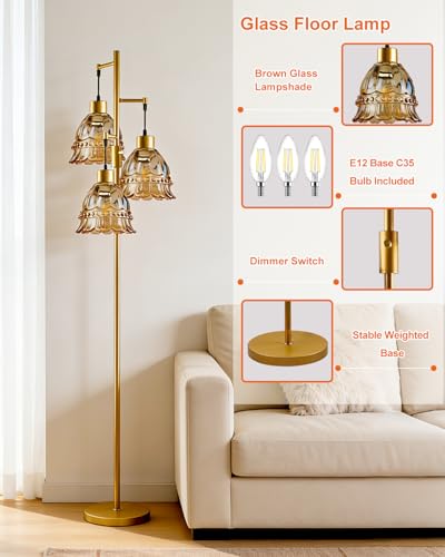Image of Lightdot 3-Lights Glass Floor Lamp Dimmable Gold Floor Lamps with Brown Glass Shade 3000K Bulbs Included Unique Modern Standing Tall Lamp with 5Lbs Heavy Base for Living Room /Bedroom /Sofa Beside