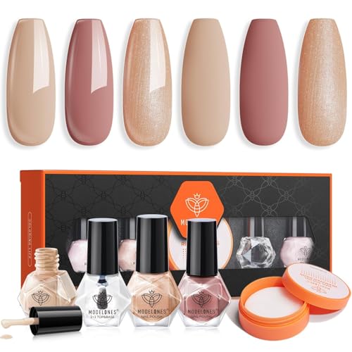 MODELONES Nagellack, 3 Farben Nude Glitter Braun Herbst Nagellack Schnelltrocknend Set mit Base Coat Top Coat und Remover Cotton Neutral Skin Tone für DIY Salon Geschenk für Frauen Mädchen