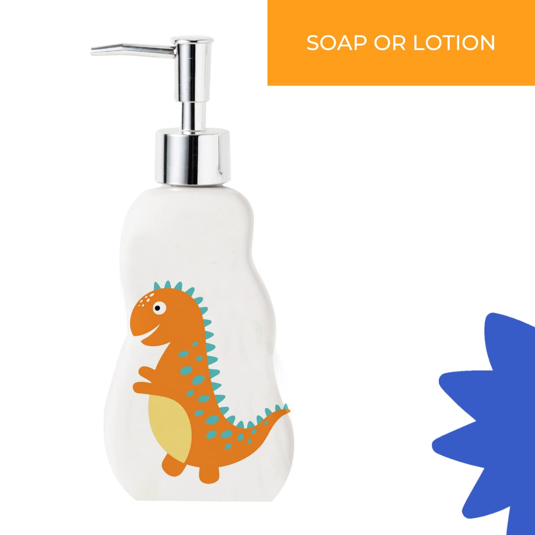 Juego de baño de dinosaurio para niños – 3 piezas divertidos accesorios de baño para niños, incluyendo soporte para cepillo de dientes, dispensador de jabón y taza – Adorable decoración