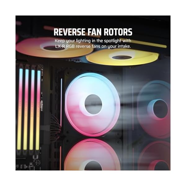 Corsair iCUE LINK LX120-R RGB 120mm PWM Reverse Fan – Single Fan – Low-Noise, Magnetic Dome Bearing, Dual Light Loops, QuikTurn™ Screws, Zero RPM Mode – Black - Image 4