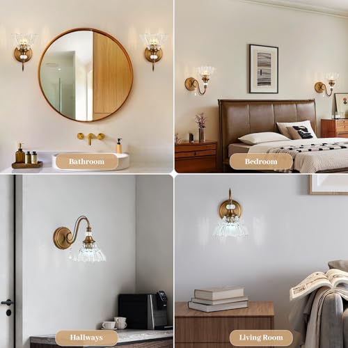 Image of 1 Piece Vintage Wall Sconce, 1-Light Matte Antique Brass Finish Wall Sconce with Hanging Crystal Accents and Flower-Shaped Clear Shades for Bathroom Bedroom Living Room,Vintage Vanity Light
