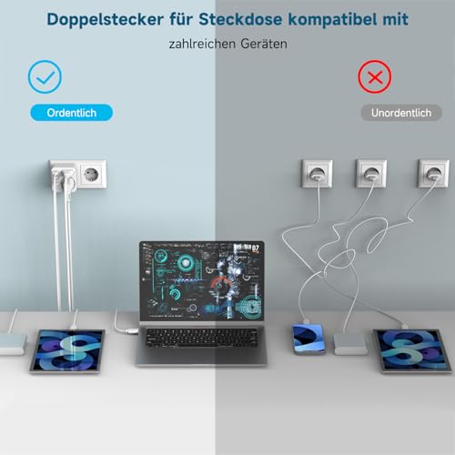 Mehrfachsteckdose mit 4 USB Ports, Mehrfachstecker für Steckdose mit 2 Fach Stecker, Steckdosenadapter mit USB C Port… – Ansicht 6