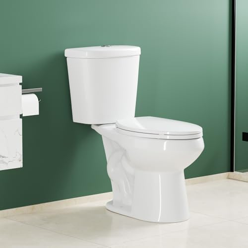 GarveeHome Two Piece Toilet, 17" Elongated with Upgraded Flushing, Dual Flush Buttons (Top Mounted), Includes Soft-Close Seat & Hardware, White, 12" Rough-in