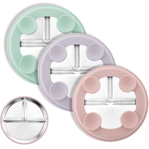 Image of Bakpoco Stainless Steel Suction Plates for Toddlers, 8" Divided Kids Baby Plates with Removable Silicone Suction, Non Toxic Non Slip Portion Control Snack Dishes 3 Packs, Pink Lilac Sage