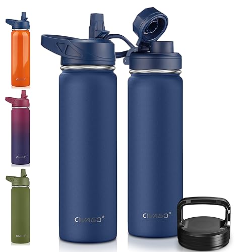 Image of CIVAGO 22 oz Insulated Water Bottle With Straw, Stainless Steel Sports Water Flask Cup with 3 Lids (Straw, Portable Spout and Handle Lid), Double Walled Travel Thermal Canteen Mug, Navy Blue