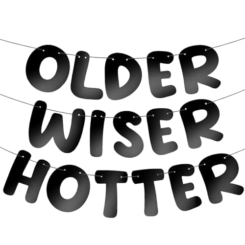 Image of Fulmoon Set of 3 Pre Strung Older Wiser Hotter Glitter Banner Funny Birthday Banner for Women 30th 40th 50th 60th 70th 80th Birthday Party Decorations Sign Gift(Bright Black)