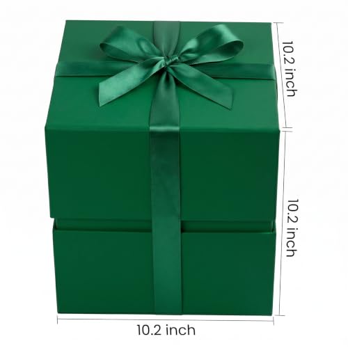 Image of LIFELUM Dark Green Square Gift Box 10.2 x 10.2 x 10.2 inch, 1 Pack Magnetic Gift Box with Lid, Shredded Filler, Card, Ribbon for Birthday, Christmas, Wedding