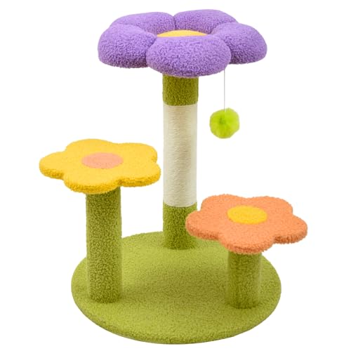 Image of Petunia Multi-Level Cat Tree for Indoor Cats & Kittens | Flower-Themed Cat Scratching Post Tower with Sisal Rope, Pom-Pom Toy & Climbing Platforms | Aesthetic Cat Furniture (Multicolor)