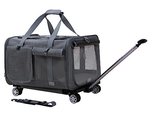 CHINSUKIDA 猫 2匹用 キャリー キャスター付き 2室 ペット キャリーバッグ 小型犬 ソフトクレート3way 折りたたみ可 ショルダー 散歩 通院 (防風型 グレー)
