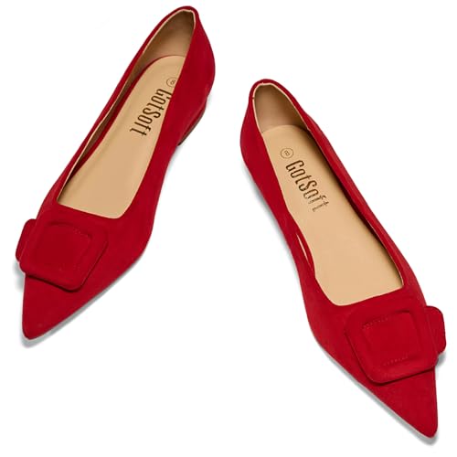 GotSoft Women's Lambskin Insole Square Buckle Flats Slip on Flat Shoes Red
