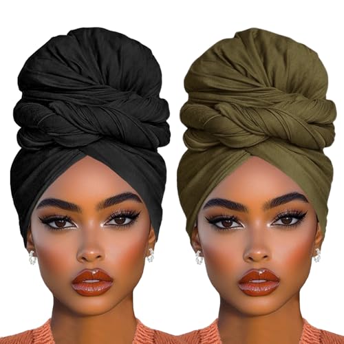 COOKOO 2 Piece Long Solid Color Stretch Head Wrap African Women's Jersey Turban Fashion Head Scarf Ultra Soft Extra Long Headwraps Lightweight Breathable Head Bands Ties for Women(Black+Army Green)