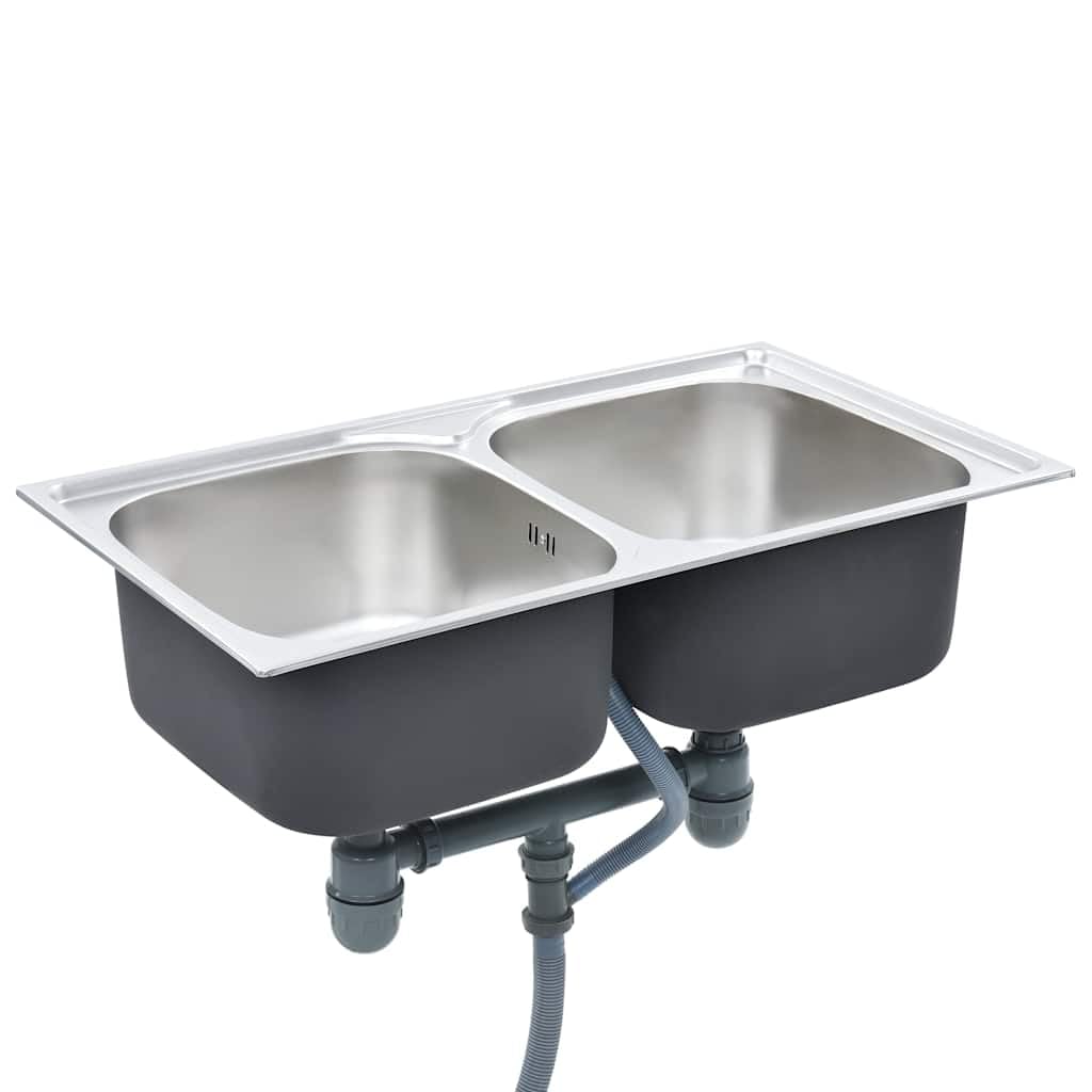 Fregadero doble de acero inoxidable con colador y sifón, doble lavabo extraprofundo para sartenes grandes, resistente a los arañazos, resistente a las manchas, duradero, fácil de limpiar y montar,