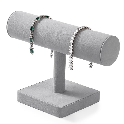 Microfiber Watch Stand T-bar Jewelry Stand Watch Holder Organizer Round Tube Bracelet Necklace Bangle Holder,Solid Wood Interior(Grey)